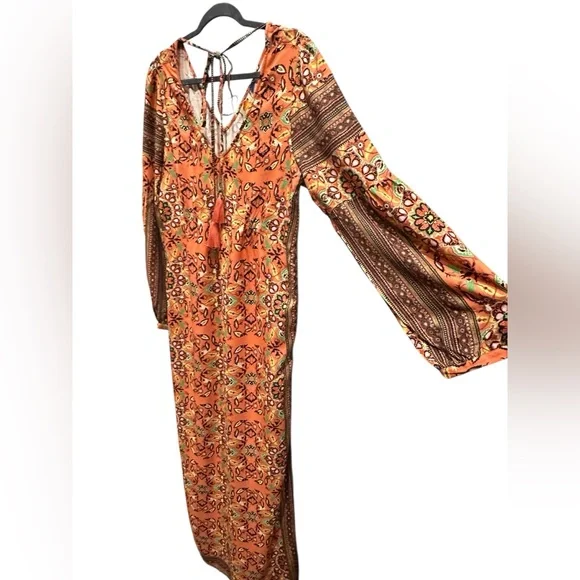Farm Rio Anthropologie Clarabella Orange Floral Long Sleeve Maxi Dress M - Picture 8 of 12